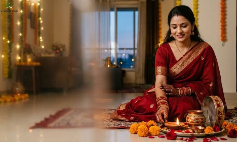 Karwa Chauth wishes for sister-in-law with a woman in a red saree and traditional Karwa Chauth thali