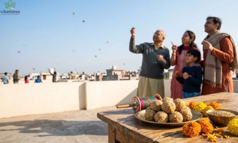 Makar Sankranti wishes featuring colorful kites, traditional sesame sweets, and a family celebrating on a sunny rooftop.