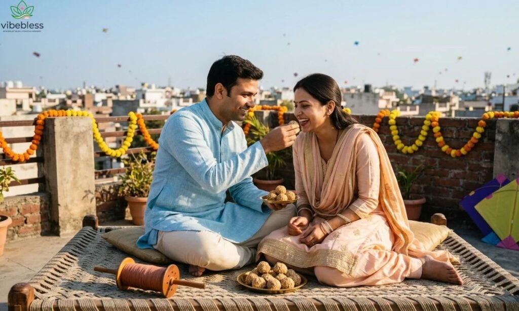 Makar Sankranti wishes for a wife featuring an Indian couple sharing traditional sesame sweets on a sunny rooftop.