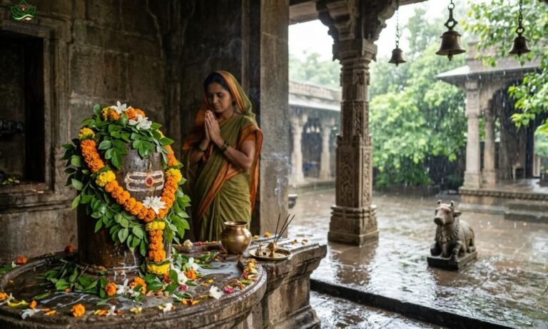 Monday wishes for Sawan featuring a peaceful Lord Shiva temple during the holy month