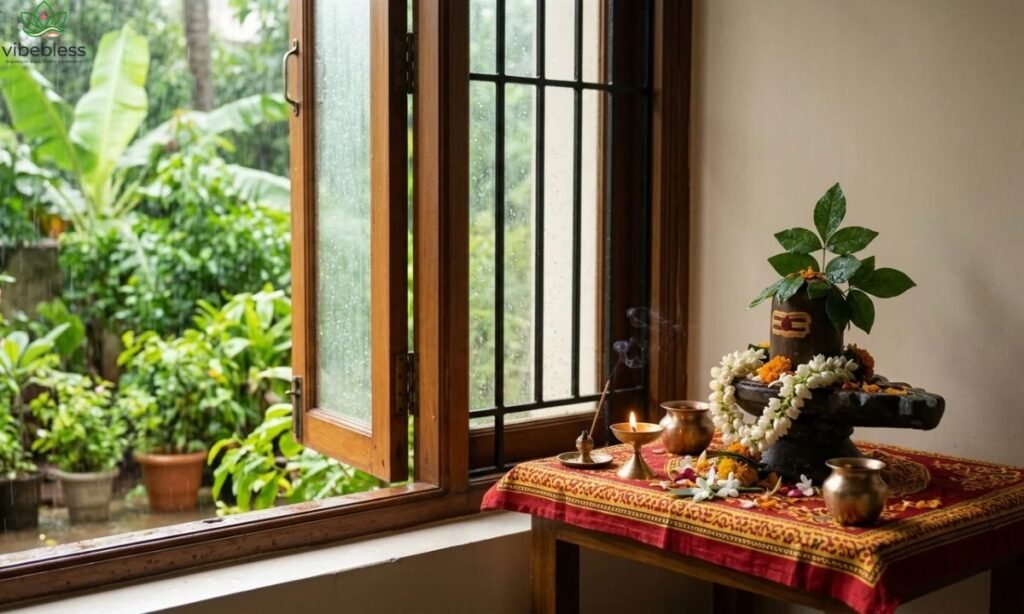  Monday wishes for Sawan images and status featuring a peaceful Shiva shrine on a rainy morning
