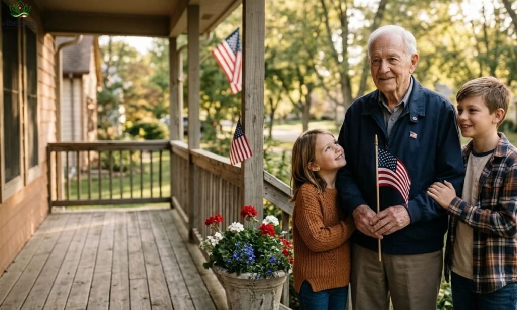 Patriotic Veterans Day wishes for Grandpa represented by a veteran grandfather standing proudly with his grandchildren and an American flag.
