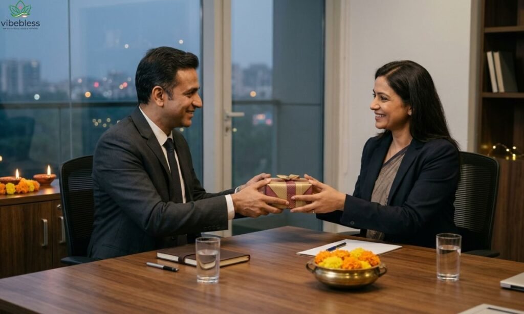 Professional Diwali wishes for customers represented by business professionals exchanging a festive gift in an office.