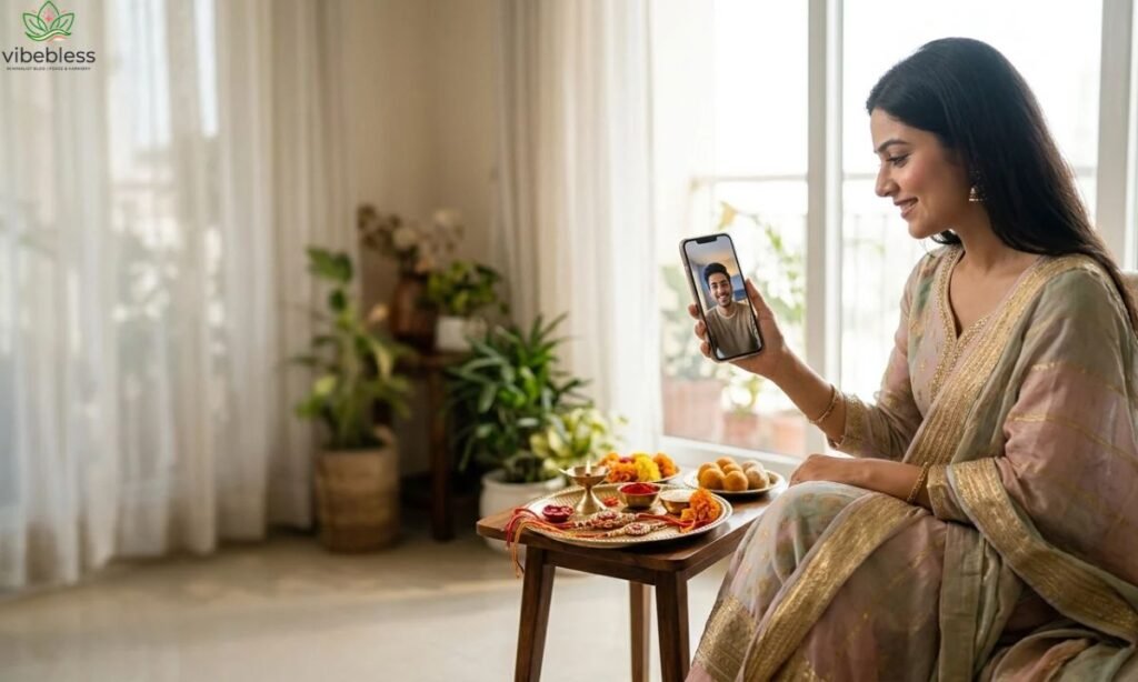 Rakhi wishes for long-distance siblings showing an Indian sister connecting with her brother through a video call on Raksha Bandhan