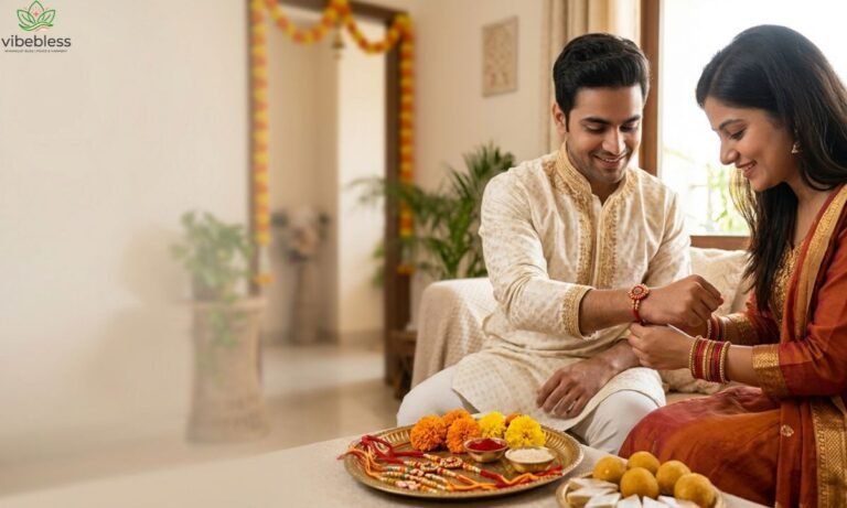 Rakhi wishes for Raksha Bandhan featuring a sister tying a traditional rakhi on her brother's wrist