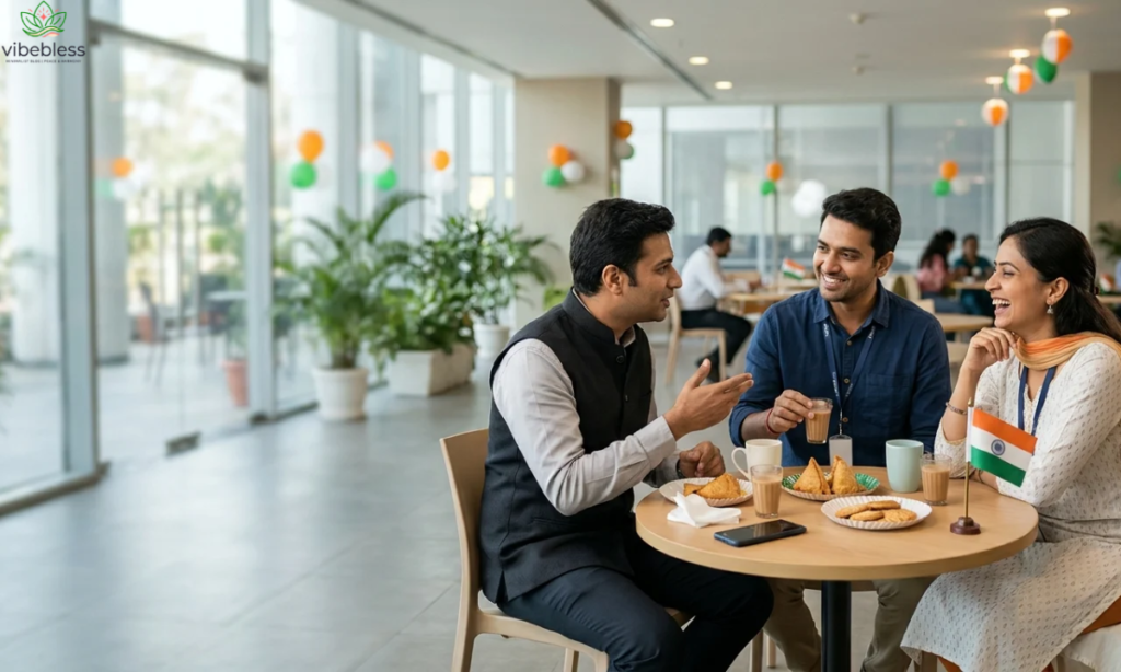 Republic Day wishes for colleagues featuring office friends celebrating friendship and patriotism over chai.