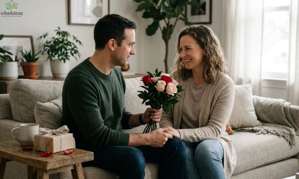 Romantic belated anniversary wishes for your partner featuring a couple sharing roses and a tender moment at home.
