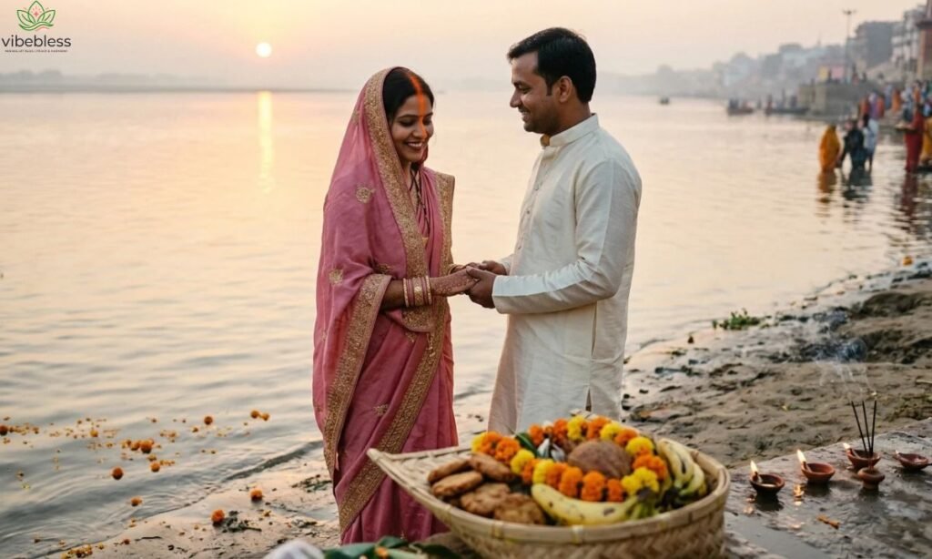 Romantic Chhath Puja wishes for husband illustrated by an Indian couple holding hands beside a river at sunrise