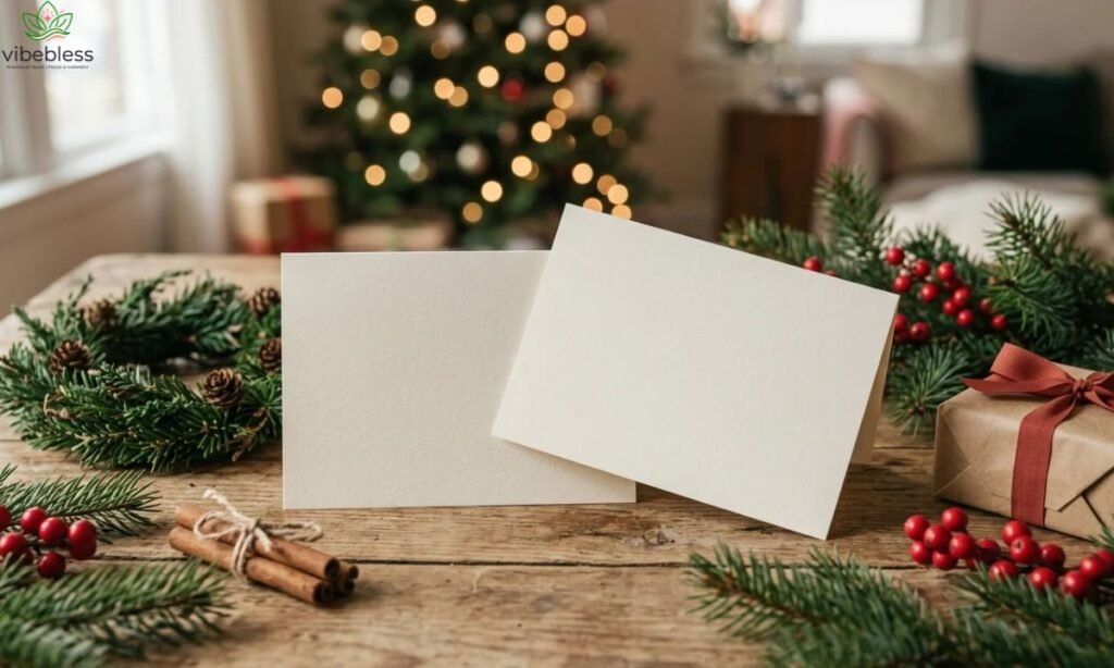 Short Christmas card wishes for family and friends represented by blank holiday greeting cards, evergreen branches, and wrapped gifts