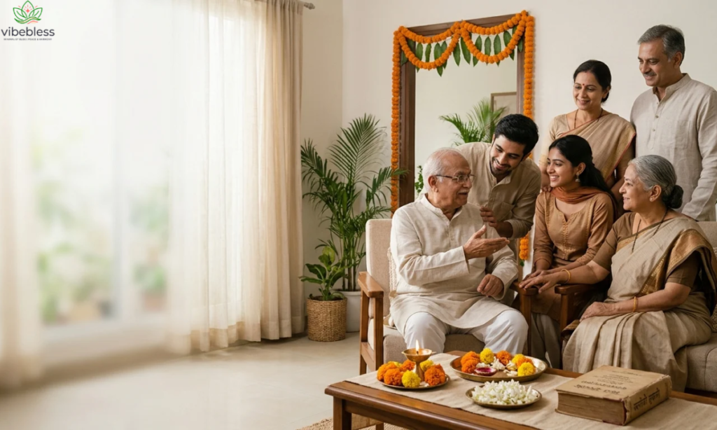 Spiritual Valmiki Jayanti wishes for a family represented by Indian relatives praying together beside a traditional diya.