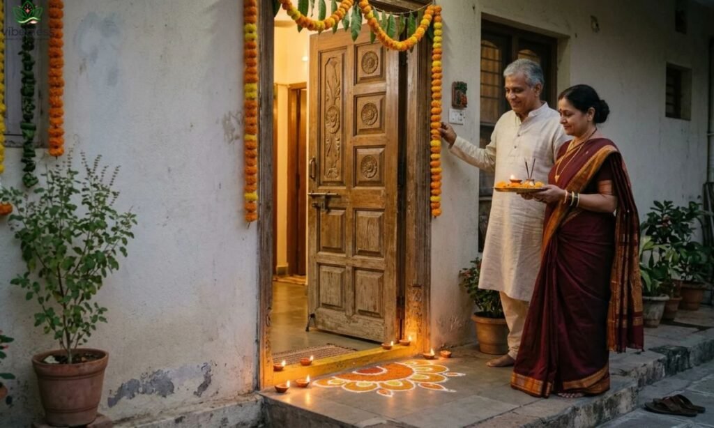 Traditional Diwali wishes for the landlord illustrated by glowing clay diyas, a colorful rangoli, marigold garlands, and a family preparing for prayers.