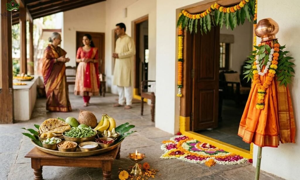 Traditional Ugadi and Gudi Padwa wishes featuring a decorated gudi, rangoli, festive foods, and an Indian family celebrating