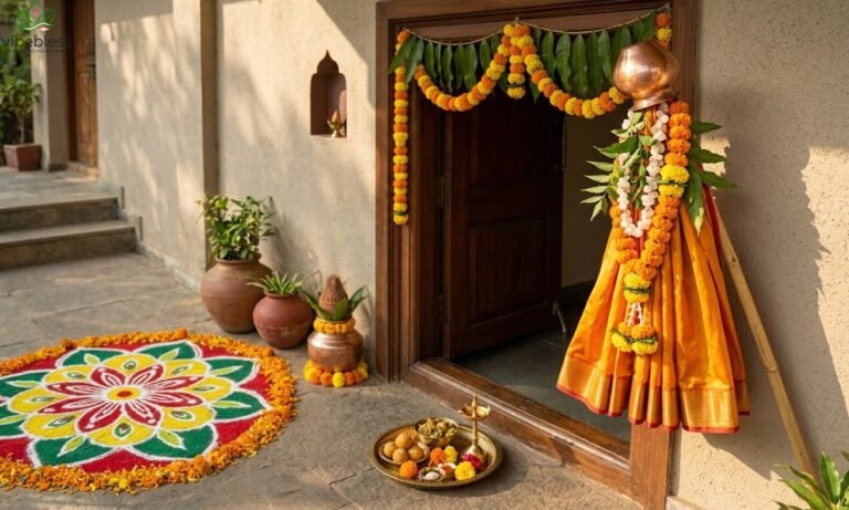 Ugadi and Gudi Padwa wishes featuring a traditional gudi, rangoli, mango leaves, and festive decorations