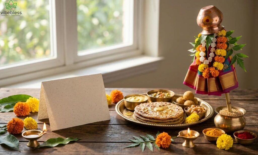 Ugadi and Gudi Padwa wishes images featuring a traditional gudi, festive sweets, mango leaves, and marigold flowers